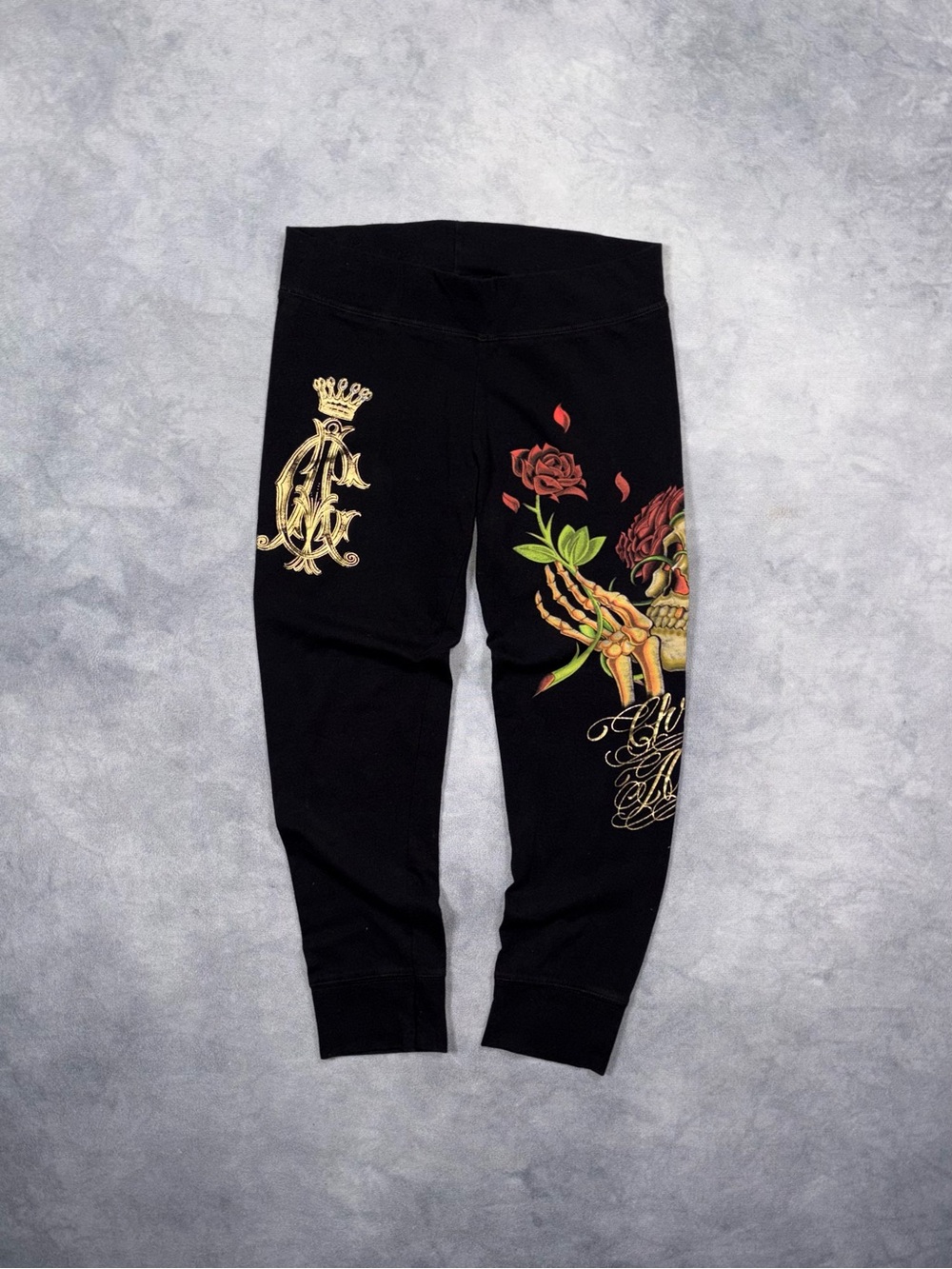 Vintage Christian Audigier Ed Hardy Skull Tattoo Rose Washed Leggings Y2K Rare